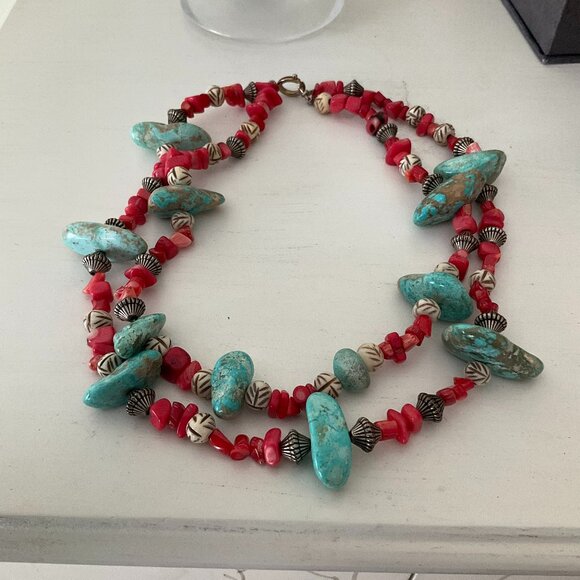 Handmade Jewelry - Cute!!  Handmade red chips and turquoise 2 strand necklace